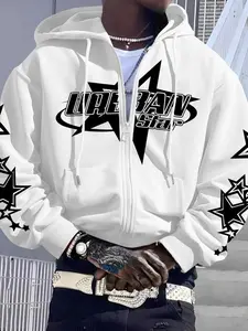 Men's Hooded Zipper Sweatshirt with Urban Star Print, Casual Fitted Design, Thick Fabric, Fall & Winter Wear, Multiple Colors Available