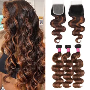 FB 30 Brown Highlight Bundles With Closure Ombred Body Wave Bundles With Closure 1b 4/30 Colored Human Hair Bundles With Closure