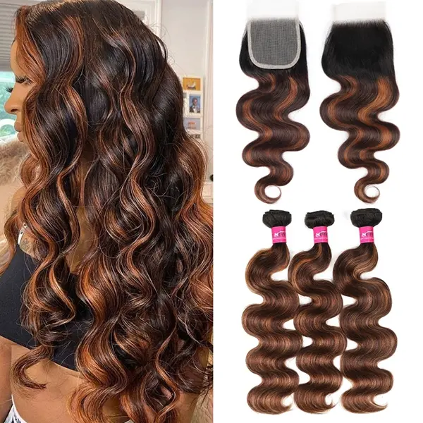 FB 30 Brown Highlight Bundles With Closure Ombred Body Wave Bundles With Closure 1b 4/30 Colored Human Hair Bundles With Closure