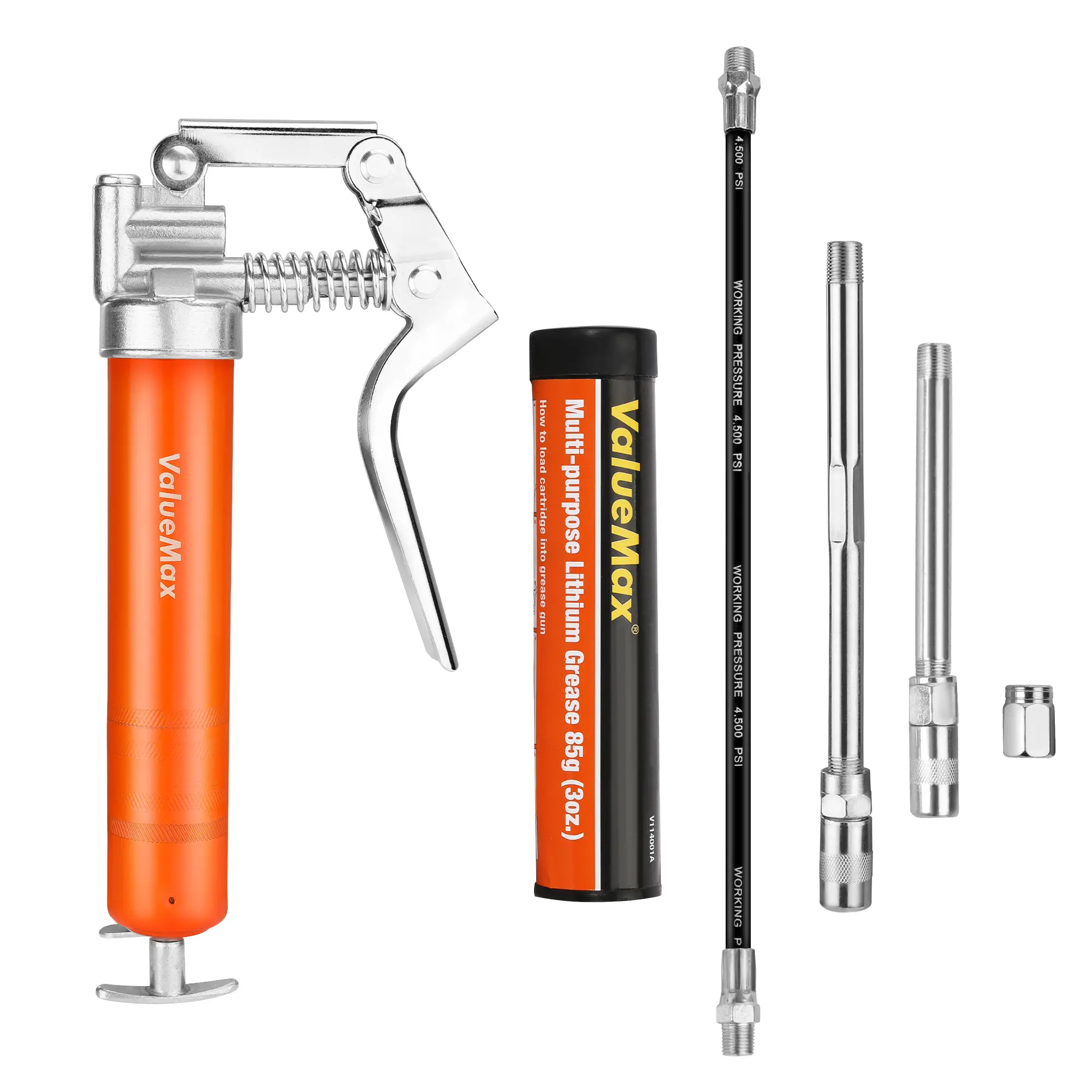 #fathersdaygift ValueMax Mini Grease Gun Kit (3500 PSI) with 3 OZ Grease, 12'' Flexible Hose, 5'' & 3” Extension Tubes, Pistol Grip, Reinforced Construction, Fit for Automotive, Marine, Industrial