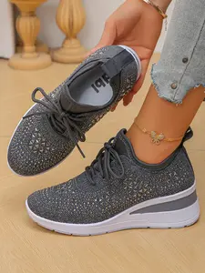 New Spring Summer Women's Flyknit Height Increasing Shoes, Sparkling Casual Fashion Versatile Thick Sole Sports Shoes, Outdoor Travel Sneakers