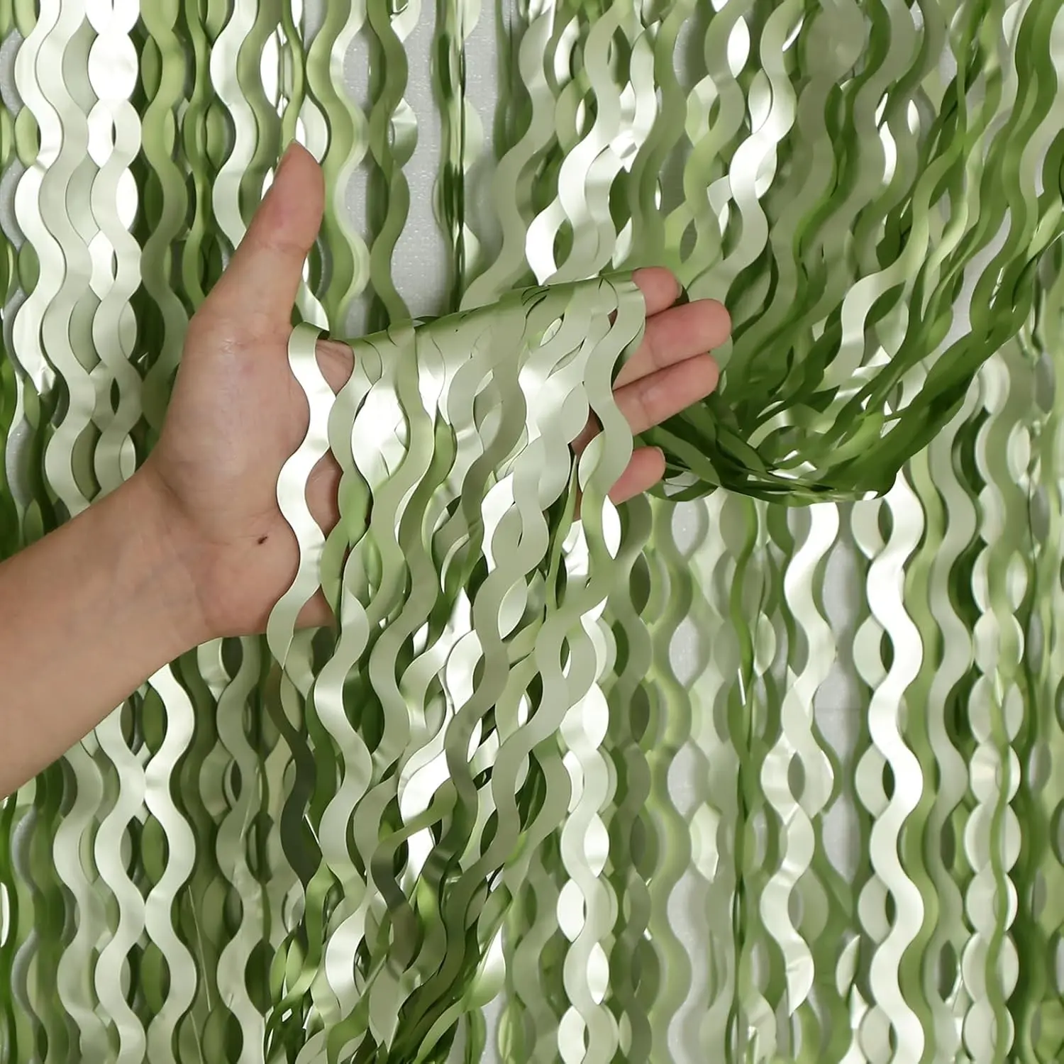 2Pcs Light Green Wavy Fringe Curtain Backdrop, Metallic Tinsel Door Streamers, Sage Green Photo Booth Backdrop, Photo Backdrops for Birthday Bachelorette Wedding Safari Jungle Party Decorations, Home Party Decorations, Party Decor Supplies