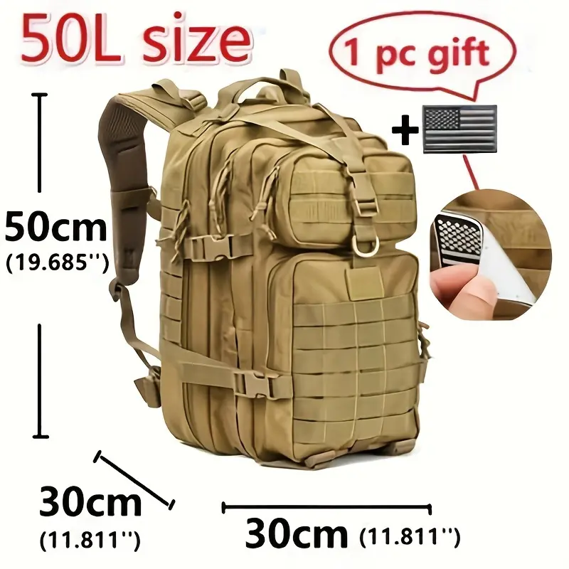 50L Large Tactical Backpack for Men, Solid Color Functional Outdoor Rucksack with Adjustable Straps for Hunting & Camping, Outdoor Sports, Tactical Look, High Capacity, Military Style, Functional Fit, Hunting Camps, Solid Fabric