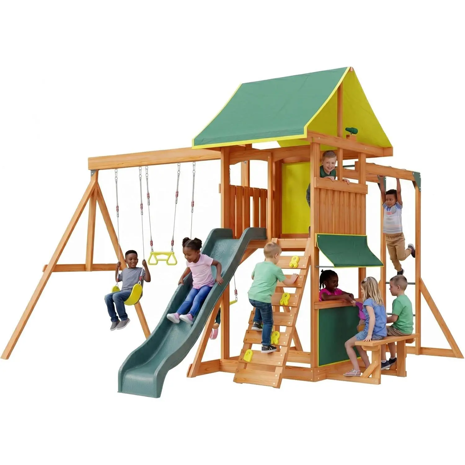 URGEWWooden Swing Sets for Backyard - Outdoor Playset with 8 FT Wave Slide, 2 Belt Swings, Play Deck, Monkey Bars, Rock Wall Ladder, Shaded Picnic Area, Snack Bar, Playground Sets,Green