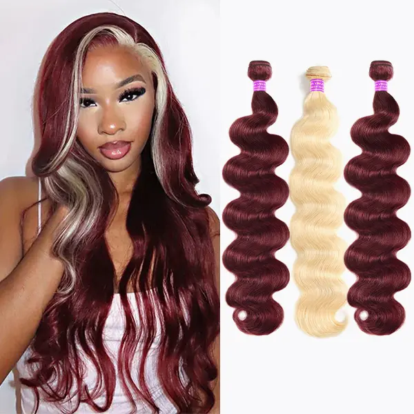 Ombre Body Wave Hair Extensions, 613 Blonde with 99j Burgundy Highlight Bundles, Remy Human Hair Weave, Dye/Bleach & Perm/Straighten Ready, Hair Extension