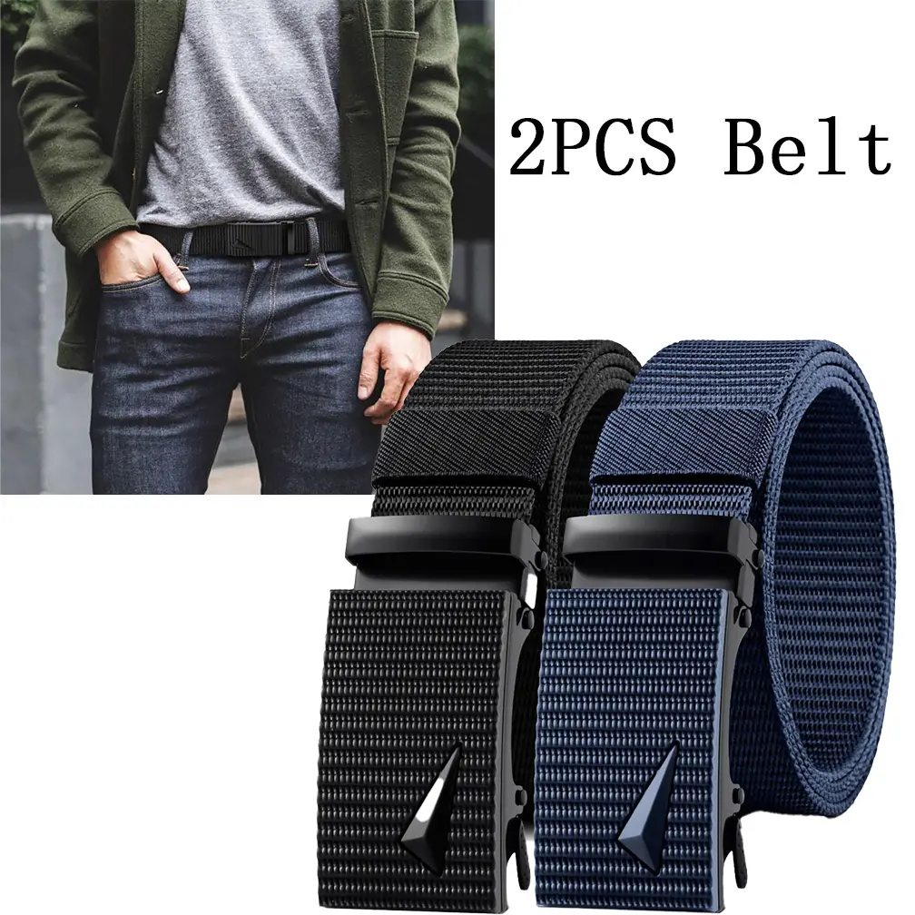Men's Tactical Belts, 2 Pack, Casual Nylon Ratchet Belt with Automatic Lock, Lightweight and Breathable, Trim-to-Fit Adjustable Strap, Men's Accessories, Tactical Accessories, Nylon Fabric
