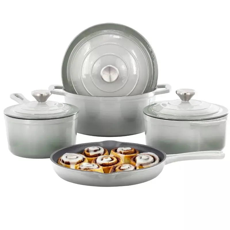 Mega Chef MC-CI7SET-GRY 7-Piece Gray Enameled Cast Iron Cookware Set - Round, Lid-Included Saucepan & Fry Pans with Handles
