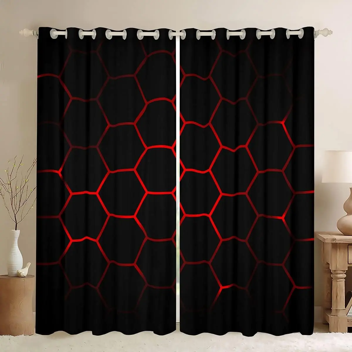 Feelyou 3D Hexagon Print Neon Privacy Grommet Curtains - Colorful, Dark-Colored Multi-Size Modern Geometry Window Drapes, Interior Decoration Accessories for Living Room, Bedroom, Colorful Curtains, Dark-Colored Curtains
