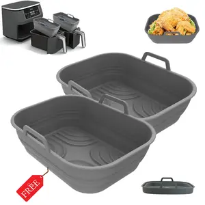 Silicone Air Fryer Liners 2 Pack Reusable Air Fryer Silicone Replacement Basket Bowl, Collapsible Baking Tray for Air Fryer Accessories (Gray)