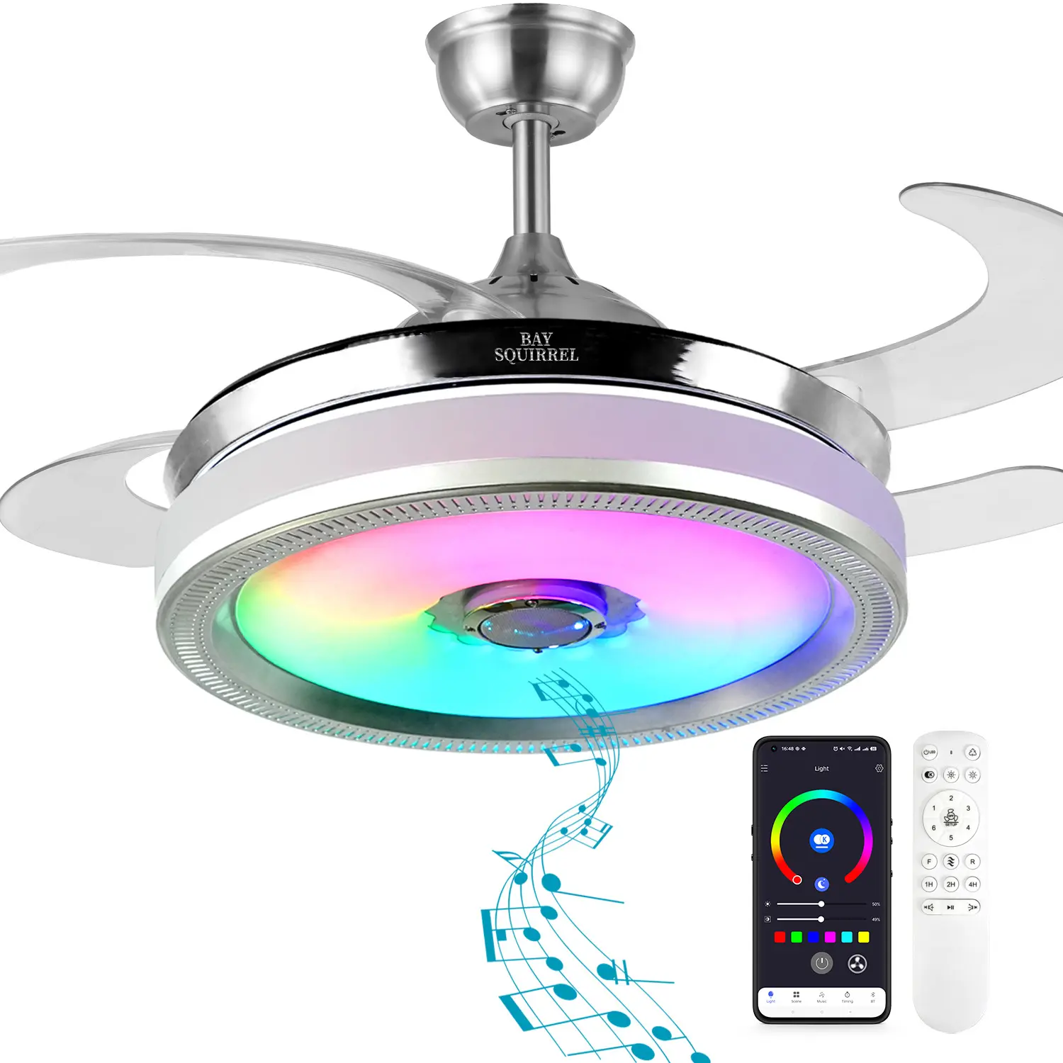 BAYSQUIRREL Retractable Bluetooth Ceiling Fan with Light, 42in 42W 18.4H Adjustable Ceiling Fans with Lamps, 6-Speed Reversible Airflow, Dimmable RGB LEDs, 3 Variations of LED Light Source, Remote/APP Control, Colorful Lights, Mood Decorative Lights