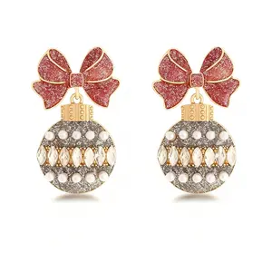 Cherrybetty Shining Disco Ball Earrings with Pink Bow Design and Diamond-Style Accents