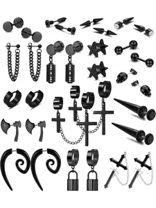16 Pairs Stainless Steel Y2K Punk Earrings Black for Men Women Mens Earrings Skull Cool Emo Goth Chains Jewelry Piercing Dangle Hoop Earrings Stud Set Punk Style Earrings