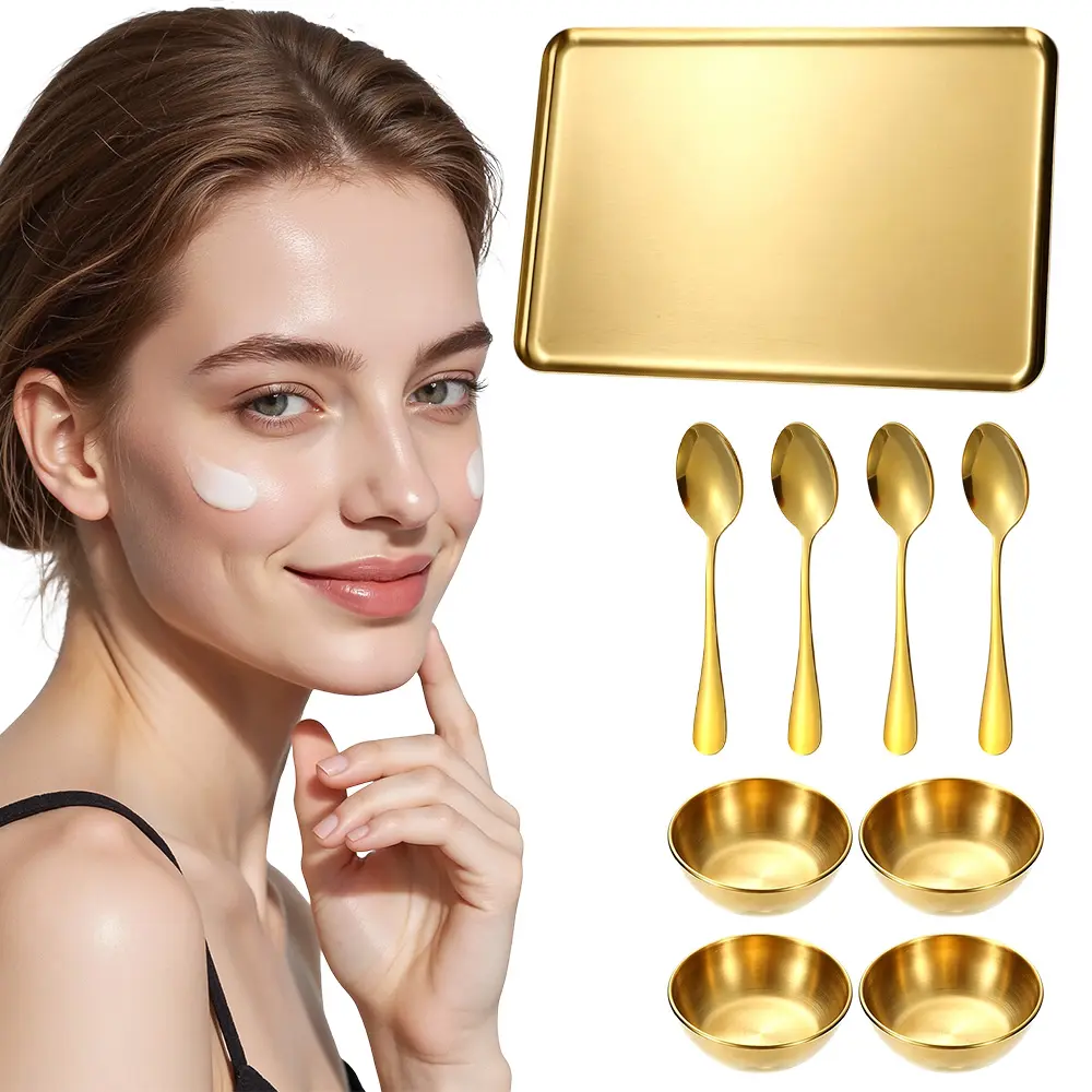 9PCS Gold Facial Supplies Large Gold Skincare Tray 4 Stainless Steel Facial Mask Mixing Bowls 4 Esthetician Mixing Spoons Spa Tray Esthetician Bowls for Mask Body Care Bathroom