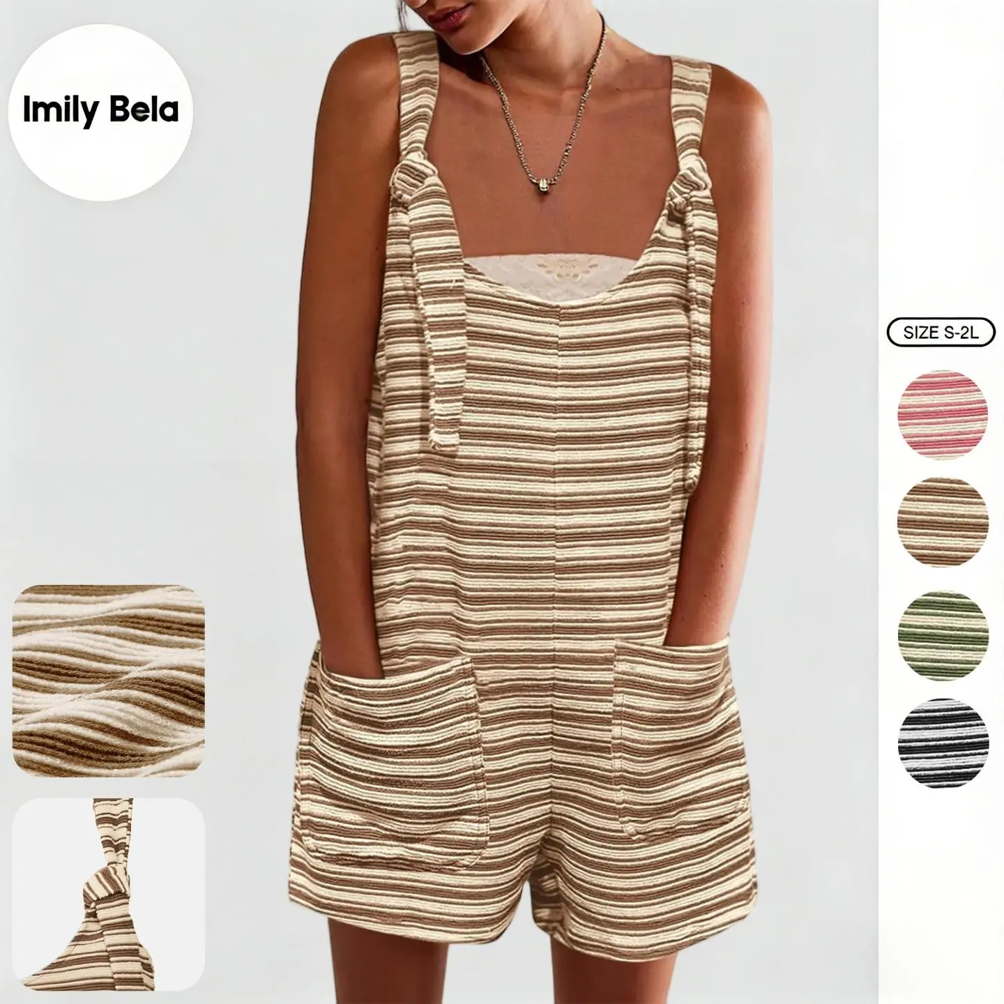 Imily Bela  Womens Summer Casual Sleeveless Romper Loose Striped Tied Shorts Overalls Jumpsuit with Pockets 2026 Clothes