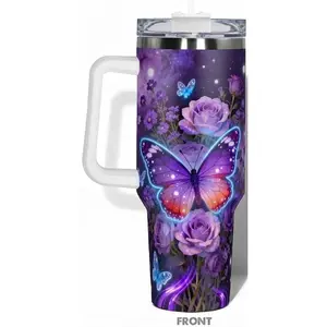 1pc Stainless Steel Cup 40oz Water Bottle Vacuum Insulated Tumbler,Funny Design With Butterfly and Rose FloralMother's Day Gift 40oz Floral Tumbler with Handle, Needed for Gym, Hiking, Travel Ideal Birthday Christmas,Gift for Wife, Floral Travel Drinkware