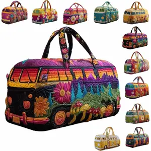 Boho Hippie Van Quilted Duffel Bag for Women, Purple Mountain Mushroom Weekender Travel Bag, Large Capacity Overnight Carry On Tote for Camping, Road Trips, Gym, Vacation & Weekend Getaways