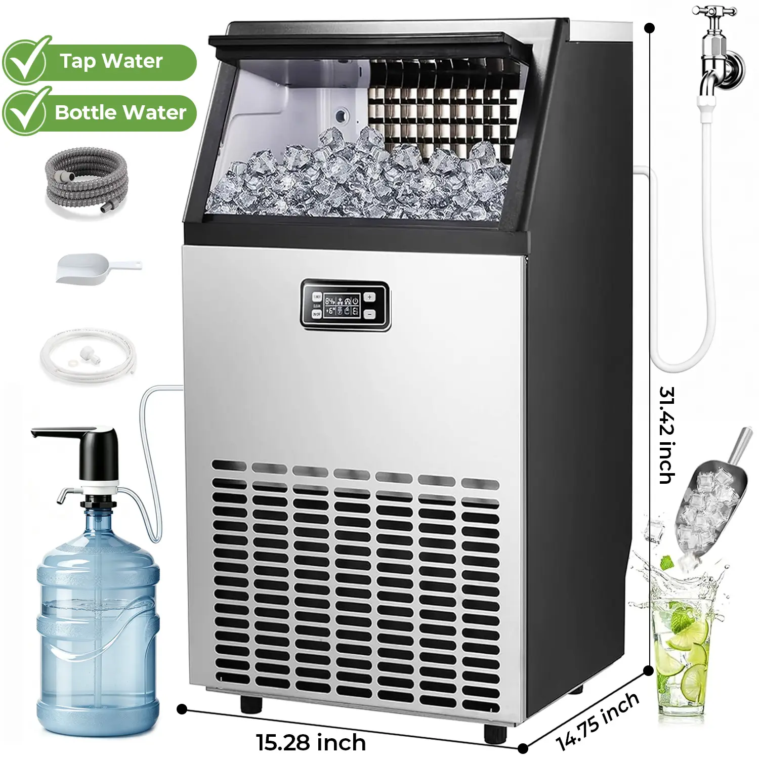 Kismile 2026 Upgraded Commercial Ice Maker Machine, 66lbs/80lbs/100lbs/120lbs 24H Output, Self-Cleaning Stainless Steel Freestanding Unit with LCD Control for Commercial Users, Bar & Outdoor Activities