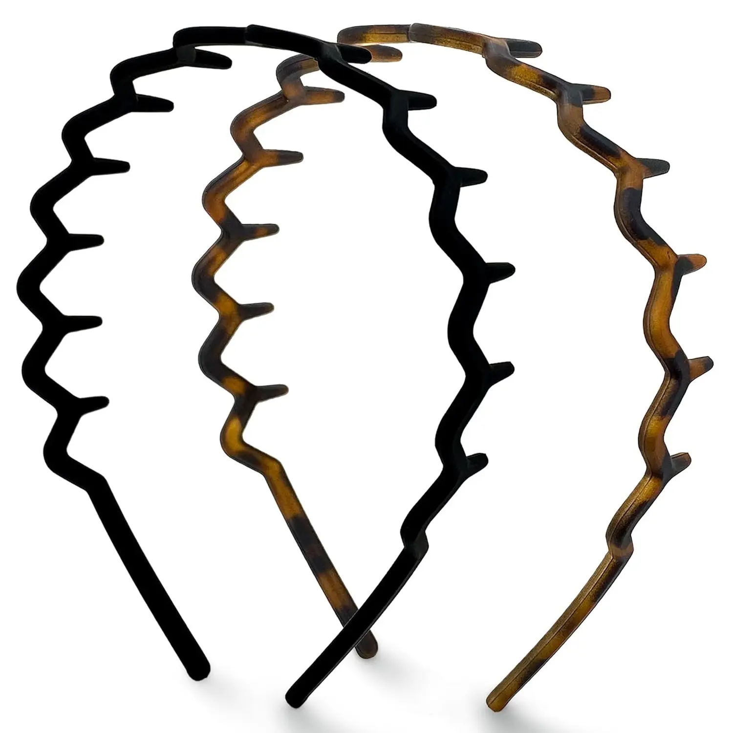 2 Pack Zig Zag Headbands for Women, Wavy Comb Headbands for Slick Back Hairstyles, Non Slip Teeth Hair Bands for Thick & Thin Hair, Comfortable Fashion Hair Accessories, Black & Tortoise Brown