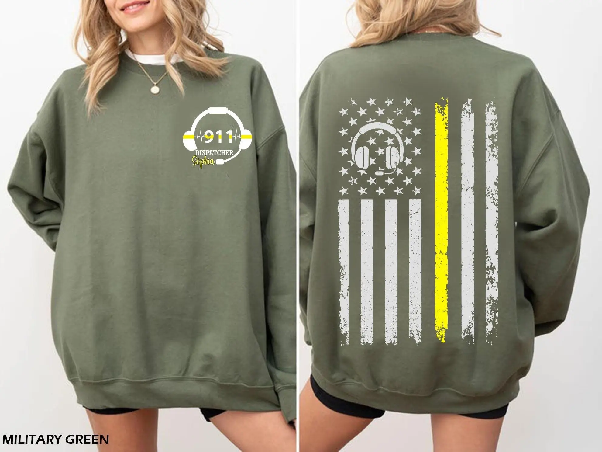 Custom Name 911 Dispatcher American Flag T-Shirt, Emergency Dispatcher Sweatshirt, Thin Gold Line, Law Enforcement Officer Shirt