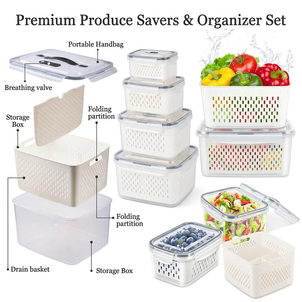 5-Pack Kitchen Fruit Storage Containers for Fridge, Leak-Proof BPA-Free Plastic Produce Saver with Colander, Veggie Berry Keeper, Refrigerator Organizer, Freezer & Dishwasher Safe