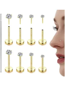 14K Gold Filled Threadless Nose Studs CZ Nose Rings for Women Men 316L Surgical Steel Labret Studs Lip Rings Push in Flat Back Stud Earrings CZ Nose Nostril Tragus Helix Nose Piercing Jewelry Piercing Jewellery Body Jewelry