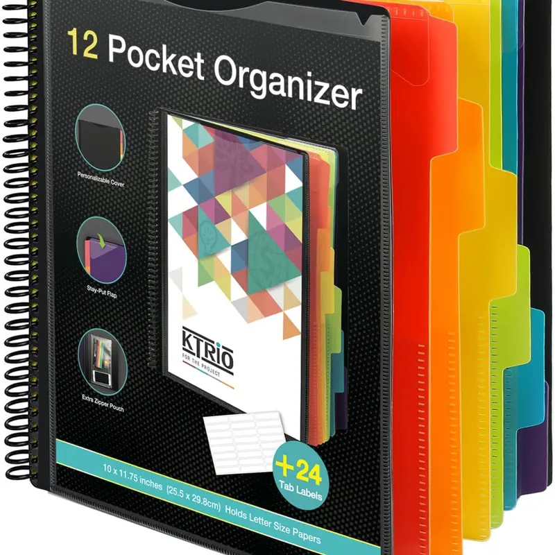 12 Pocket Poly Project Organizer Spiral Binder Multi Pocket Folder with Dividers Letter Size School Supplies Storage Tear-Resistant Water-Resistant