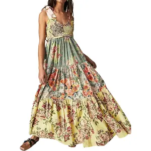 ABYOVRT Women's Floral Maxi Dress - Tie Shoulder, Patchwork, Smocked, Flowy Boho Style with Pockets, Lightweight Adjustable Flat-Jacket Vibe Summer Vacation Sundress