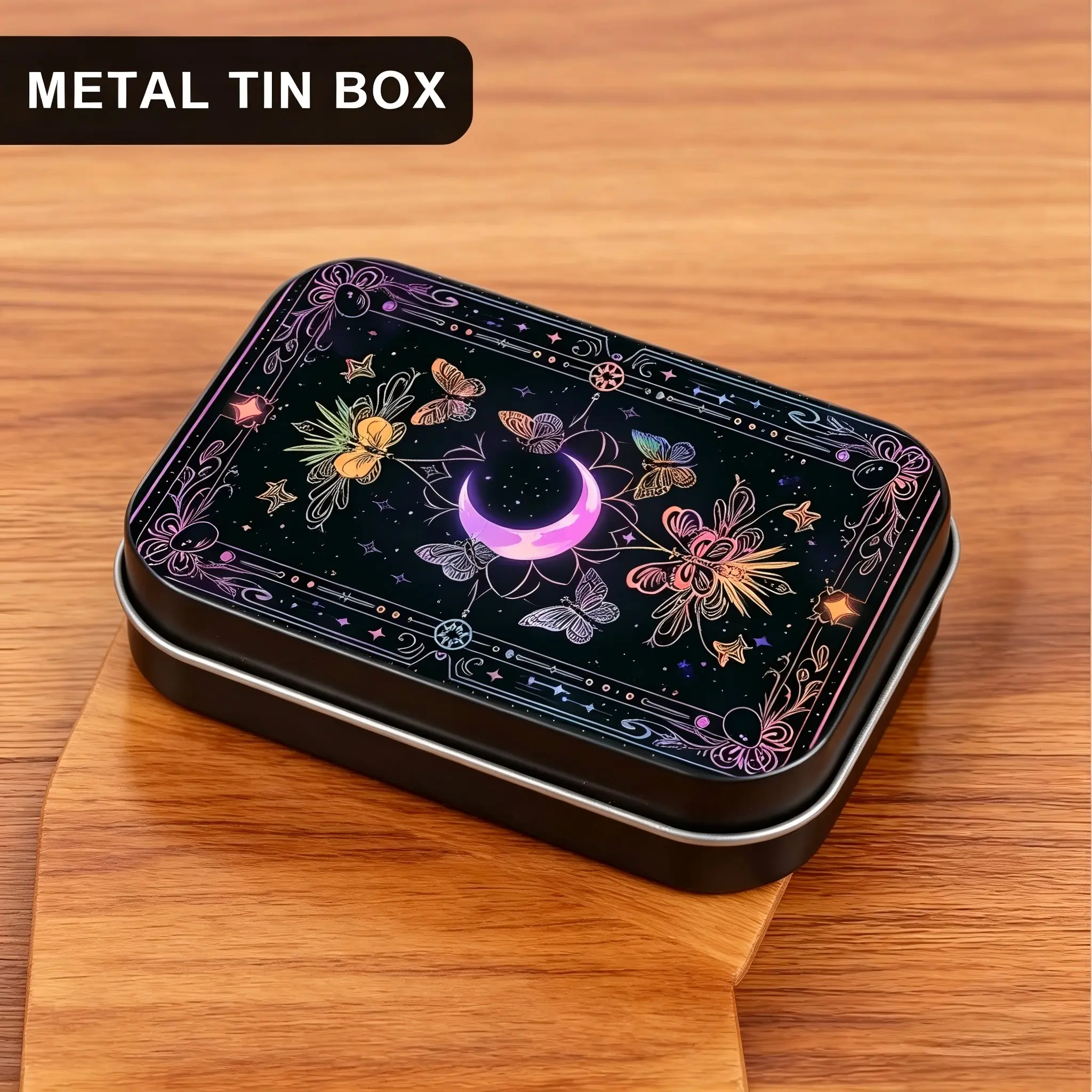 1Pc Celestial Moon & Butterfly Metal Tin Box with Hinged Lid - Small Storage Containers for Tarot Crystals, Jewelry - Decorative Rectangular Tinplate Organizer, Desktop Storage Box, Collectibles Storage, Witchy Gift for Women, Display Container