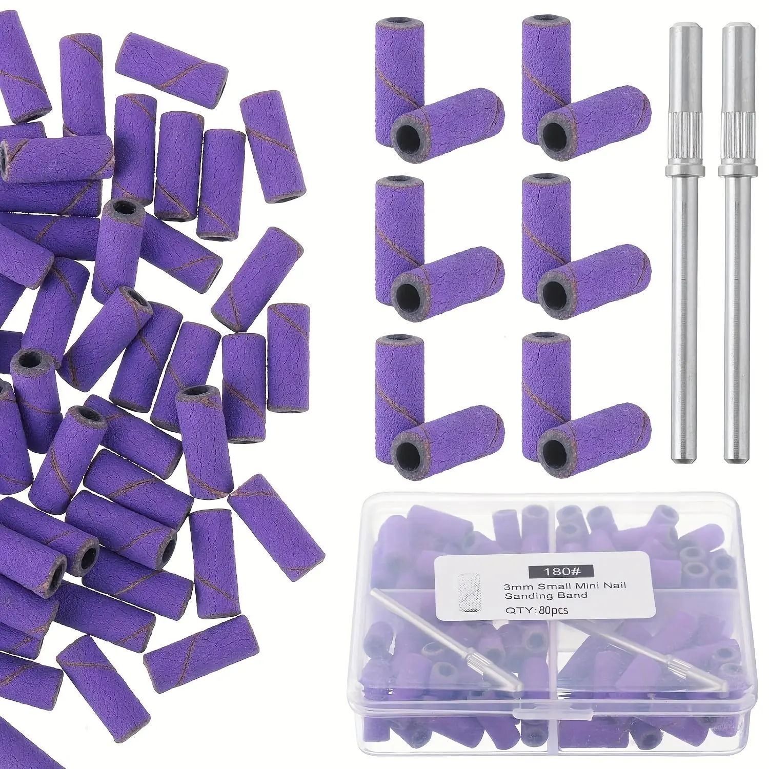 Nail Drill Sanding Bands Kit, 80pcs 3mm Fine Sanding Bands & 2 Counts Small Mandrel Nail Bit, Professional Small Sanding Band for Manicures and Pedicure
