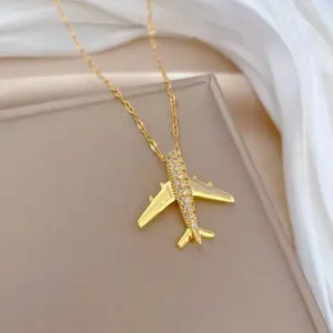 18K Gold Plated Starry Sky Airplane Pendant Necklace, Daily Wear Jewelry for Women, Fine Chain Necklace Featuring Cute Aviation Motif