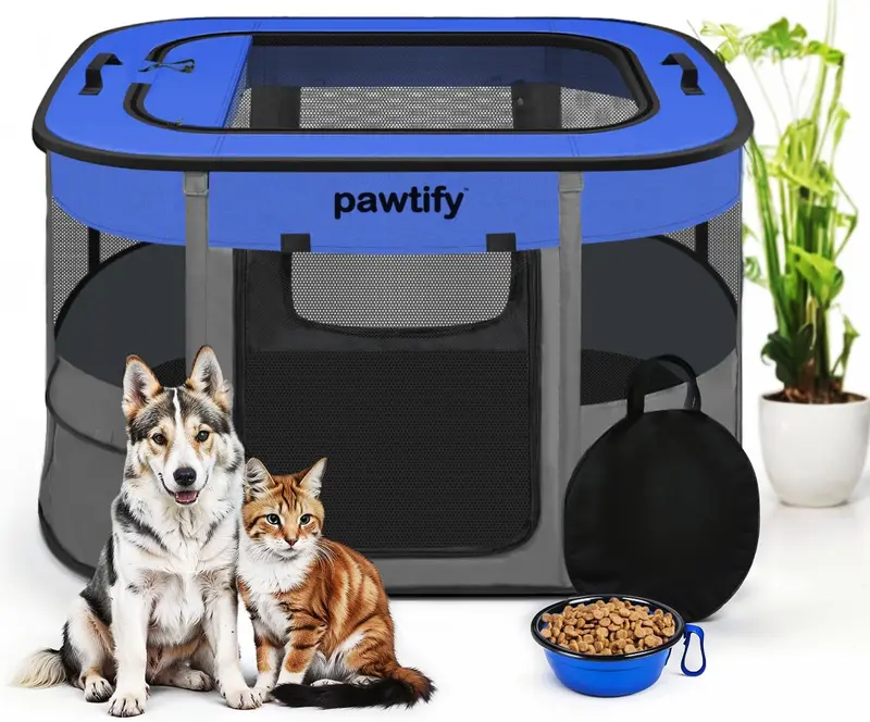 Foldable Dog Playpen for Indoor and Outdoor Use - Portable Pet Pen with Soft Sides, Large Crate for Big, Large Dogs, Cats, Animals - includes Carry Case and Travel Bowl