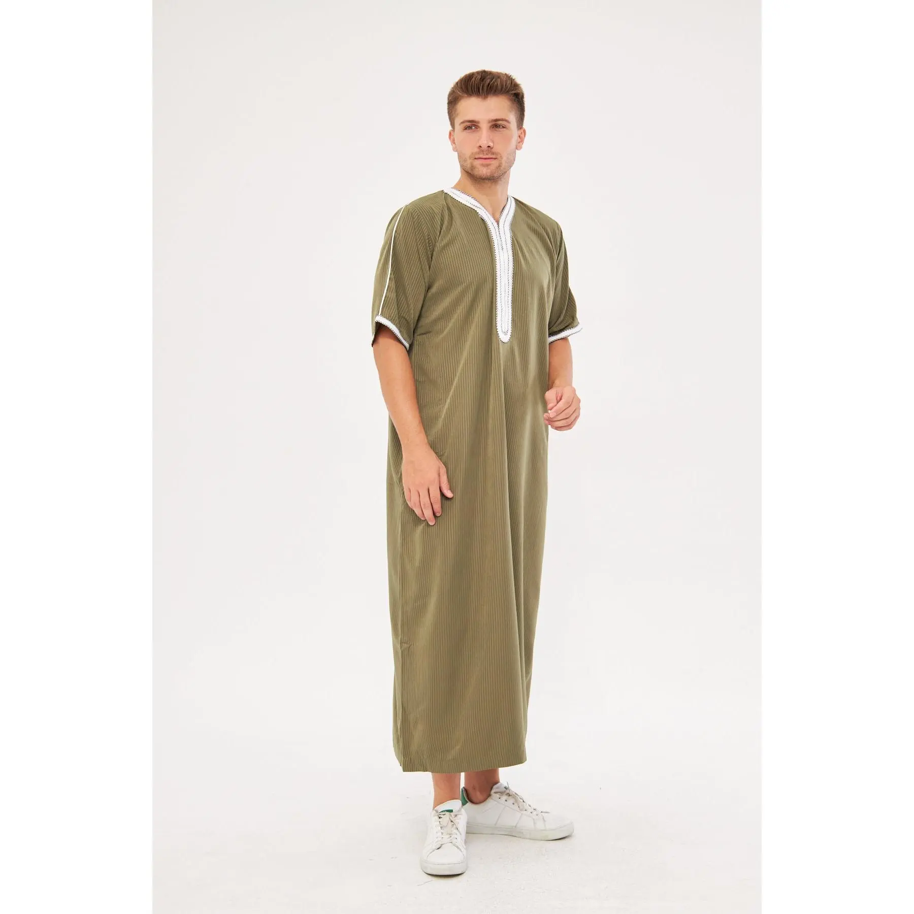 Moroccan Short Sleeve Thobe – Olive Green