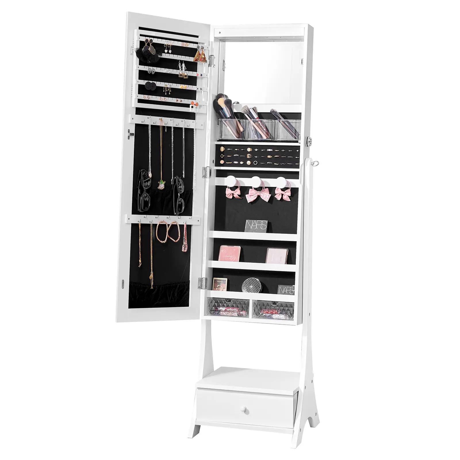 【BackToSchool】VEVOR Mirror Jewelry Cabinet, Standing Mirror with Storage, Lockable Jewelry Mirror Organizer with Full Length Mirror, Velvet Lining, Interior LED Light, Drawer, Freestanding Jewelry Armoire, White