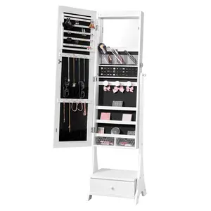 VEVOR Mirror Jewelry Cabinet, Standing Mirror with Storage, Lockable Jewelry Mirror Organizer with Full Length Mirror, Velvet Lining, Interior LED Light, Drawer, Freestanding Jewelry Armoire, White