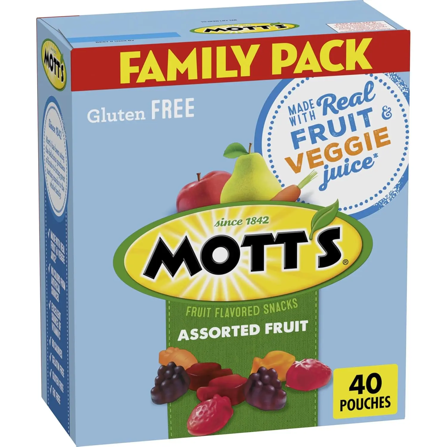 Mott's Assorted Fruit Snacks Family Pack, Gluten Free Gummies, Made with Fruit & Veggie Juice, Good Source of Vitamin C, Gelatin Free, 40 Count Individual Pouches, 32 oz