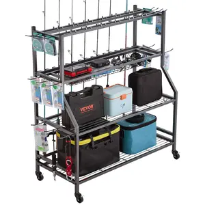 【fathersdaygift】VEVOR Fishing Rod Holder for 15-Rods, Mobile Fishing Pole Rack Cart with Wheels, Fish Gear Equipment Organizer for Garage Home Indoor Use, for Tackle Box Reel Accessories Storage, Gifts for Men