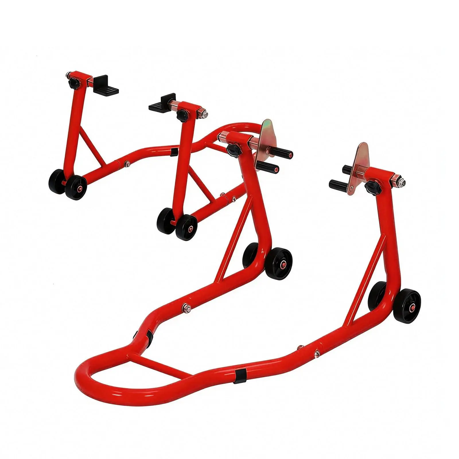 Motorcycle Front & Rear Stand Combo, Universal Wheel Lift Paddock Stand with Prong Adapters+L Adjustable Swingarm Spool, 900 LB Capacity Heavy Duty for Most Bikes,Red