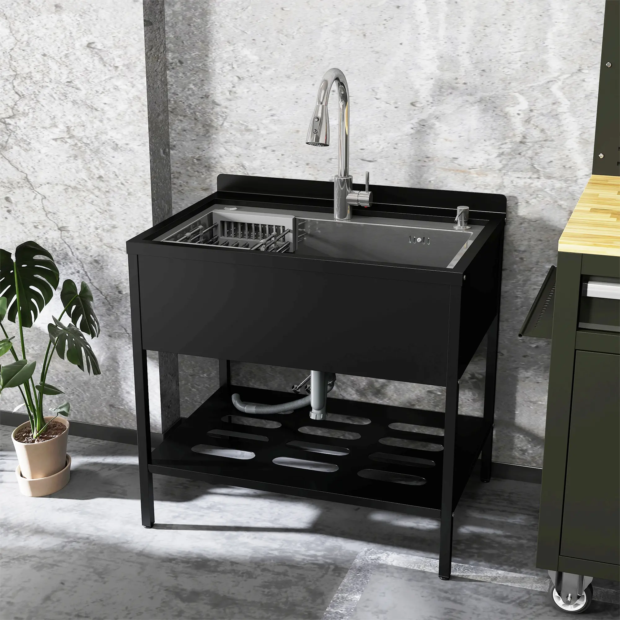 Stainless Steel Kitchen Sink Single Bowl With Faucet Black Frame Shelf Storage For Laundry Bathroom Utility Sinks Freestanding