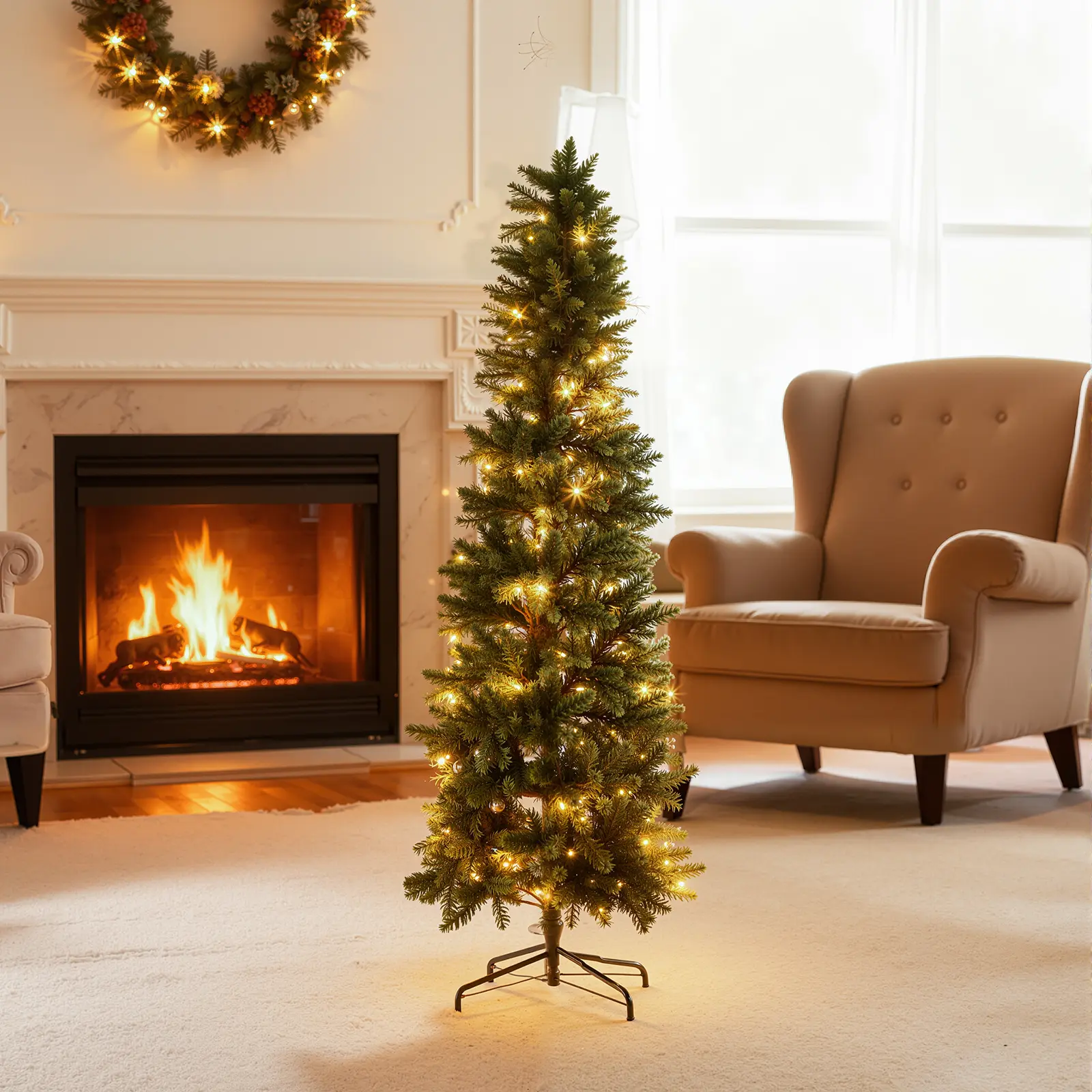 Sweetcrispy Pre-Lit PVC Pencil Christmas Tree - Green Artificial Spruce Slim Tree with Incandescent Lights, Metal Foldable Stand, Branch Tips, Home Decor Ornaments, Office-Ready Holiday Decor for Christmas Aesthetic