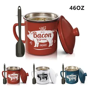 46OZ Bacon Grease Container with Strainer - With Silicone Spatula, Large Farmhouse Bacon Grease Keeper, Cooking Oil Storage Can Grease Keeper, Grease Saver for Kitchen, Dishwasher Safe