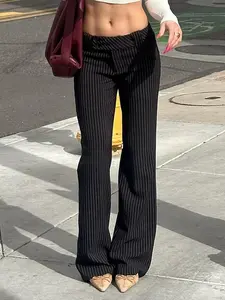 Women's Slim-Fit Striped Suit Pants, Business Dress Pants, Low Waist Micro Flare, Fashionable Office Wear, Versatile Woven Long Trousers for All Seasons, Bottom