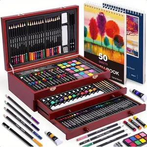 175pcs Deluxe Art Set with 2 Drawing Pads Acrylic Paints Crayons Colored Pencils Paint Set in Wooden Case Professional Art Kit Art Supplies for Adults Teens and Artist WoodMuse Plus