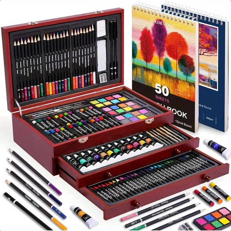 WoodMuse Plus 175pcs Deluxe Pack Painting Kit - Wooden Case, 2 Sketch Pads, Acrylic Paints, Crayons, Drawing Tools - Professional Office Stationery for Adults