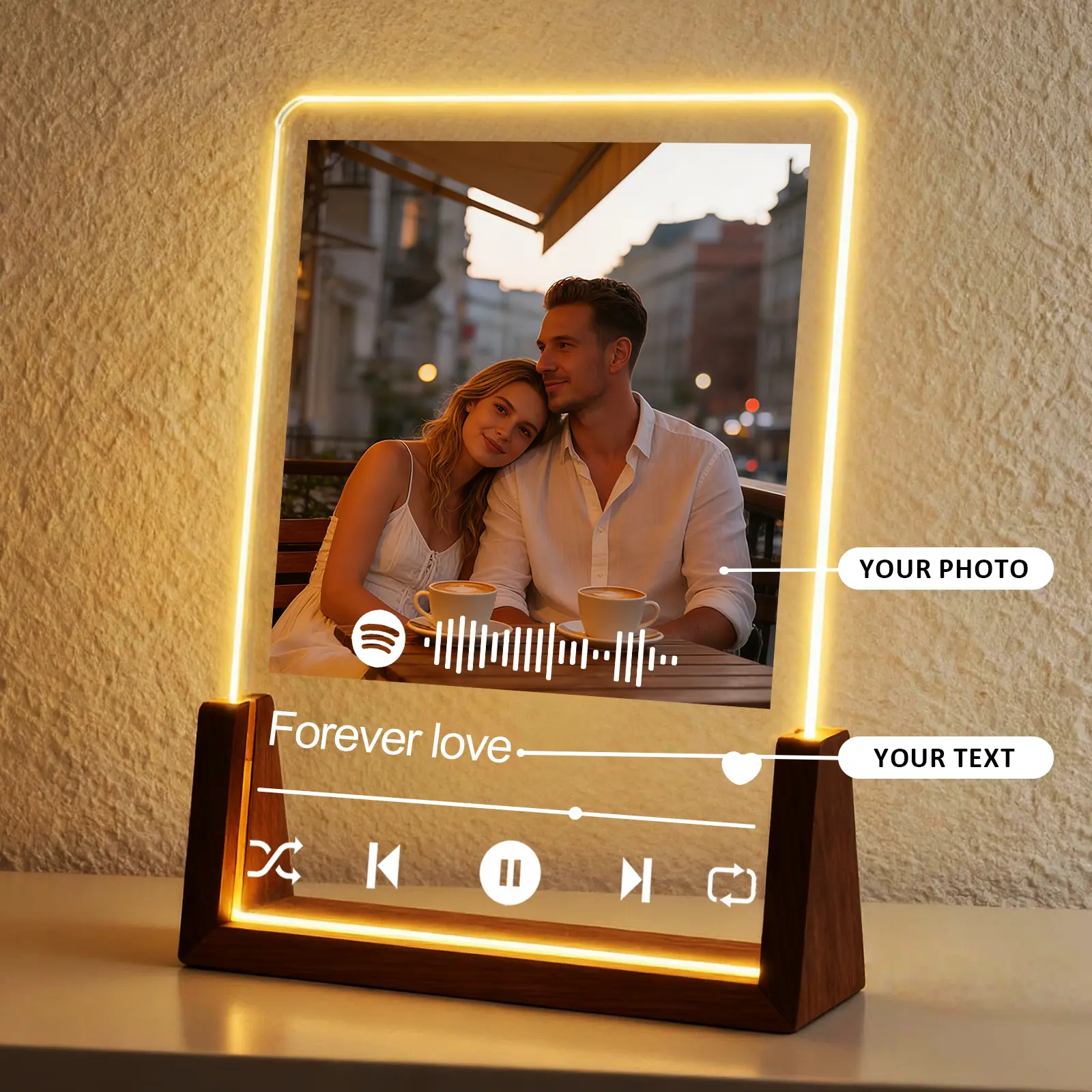 [HKZZ.Made] Custom Spotify Acrylic Music Plaque Decor - Walnut Base (4/5/6/8in), Retro UV Print, Multi-Light & Bluetooth Speaker Options, LED Personalized Photo Frame, Room Accessories Lighting Gift for Anniversary & Special Memories