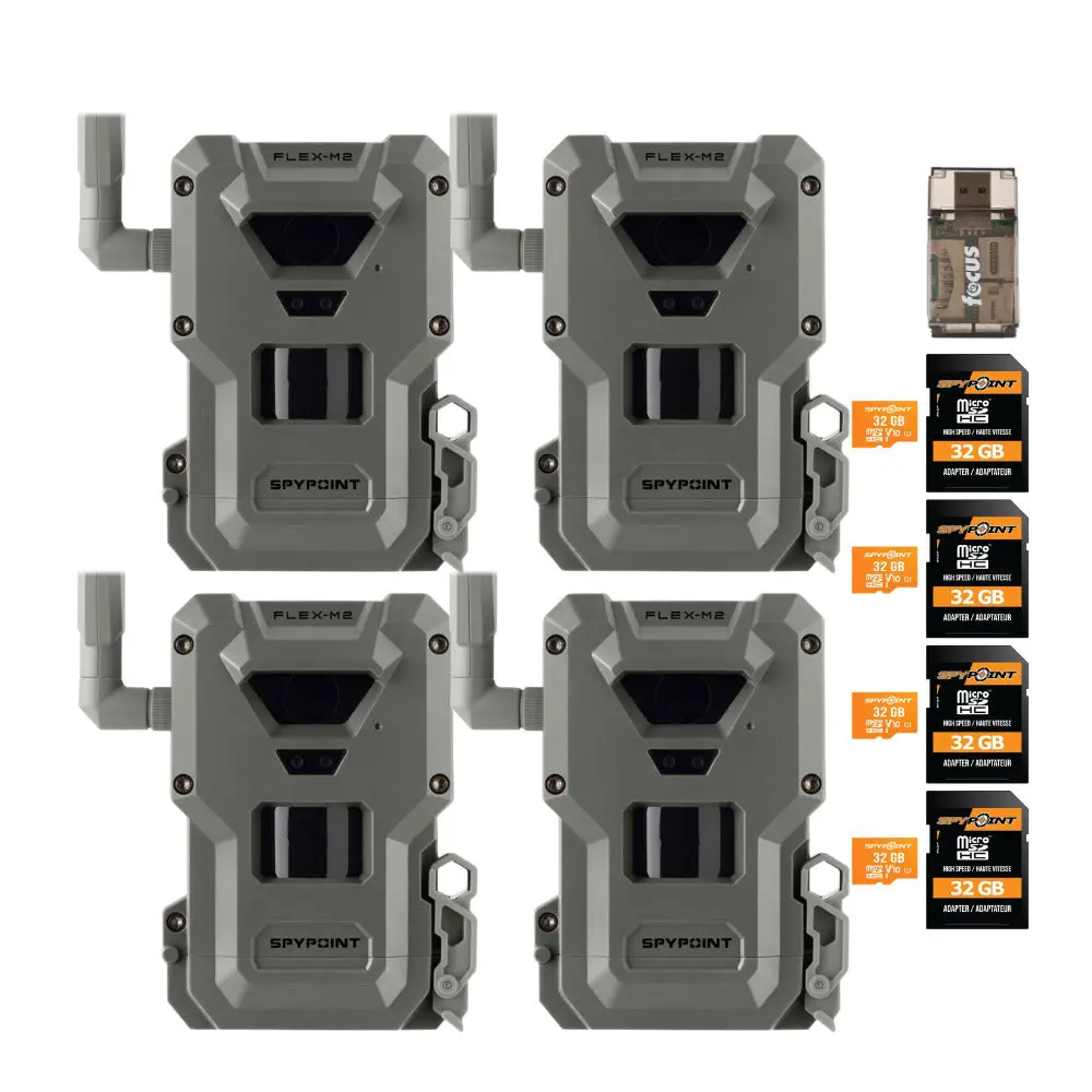 Spypoint FLEX-M2 Trail Hunting Camera (4-Pack) Bundle - Rugged, Compact Pack, Functional, Portable Size, with Memory Card and Card Reader, Unisex, 32Mp Photo, Dual Sim