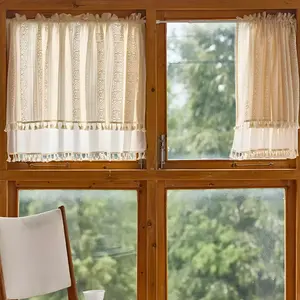 BTTO Boho Vintage Crocheted Lace Window Curtain Valance, 29-52in Width Short Sheer Linen-Polyester Blend Panel with Knitting & Macrame Tassels, Dual Pockets, Soft Lighting for Kitchen Windows