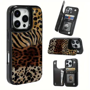Creative Leopard Zebra Pattern Splicing Leather Card Holder Phone Case, Suitable for iPhone 17 Air/16 Plus/15 Pro Max/14 Pro/13/12/11/XS Max/X Phone Case, Ideal Gift for Thanksgiving and Christmas for Family, Friends, Lovers, Boyfriend, Girlfriend