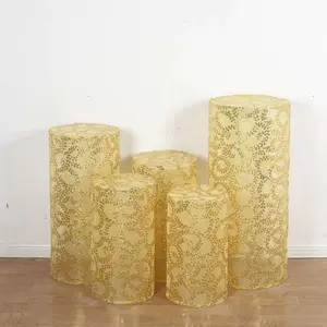 Set of 5 Gold Sequin Mesh Cylinder Pillar Prop Covers with Leaf Vine Embroidery, Sparkly Sheer Tulle Pedestal Stand Covers