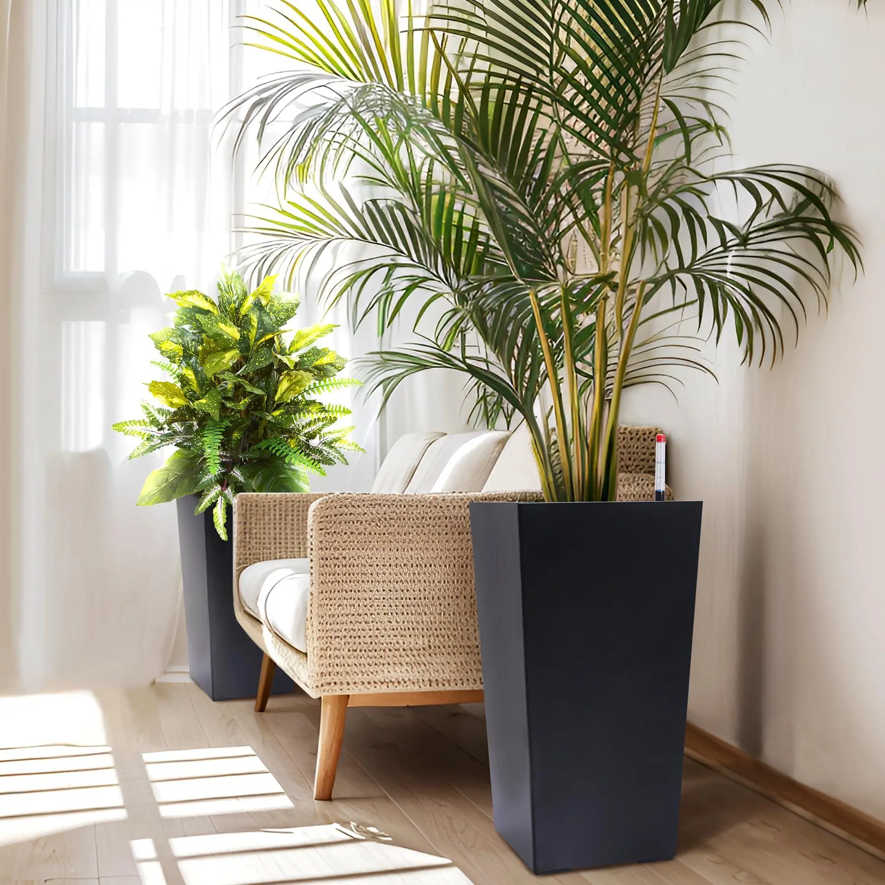 Modern Self-Watering Tall Black Planters Set of 2 – 16" Indoor/Outdoor Plant Pots with Drainage Holes, Water Level Monitor, Inner Bucket – Stylish for Patio, Porch, or Garden