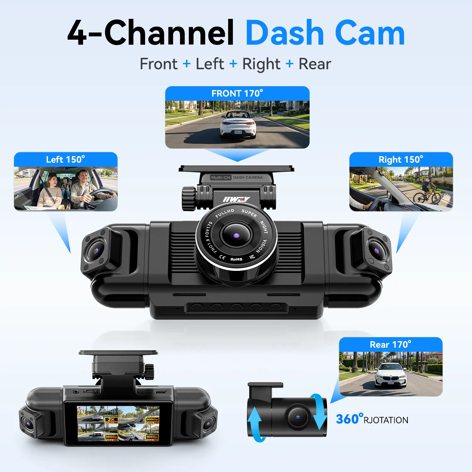 【DealsForYouDays】IIWEY N5 4-Channel 360° Dash Cam – Front Rear Left Right with Rotatable Side Cameras, 1080P + 8 IR Night Vision, 5G WiFi & App Control, G-Sensor, Parking Mode, Free 128GB SD Card, Hd Car Dvr, Wifi Car Dashcam